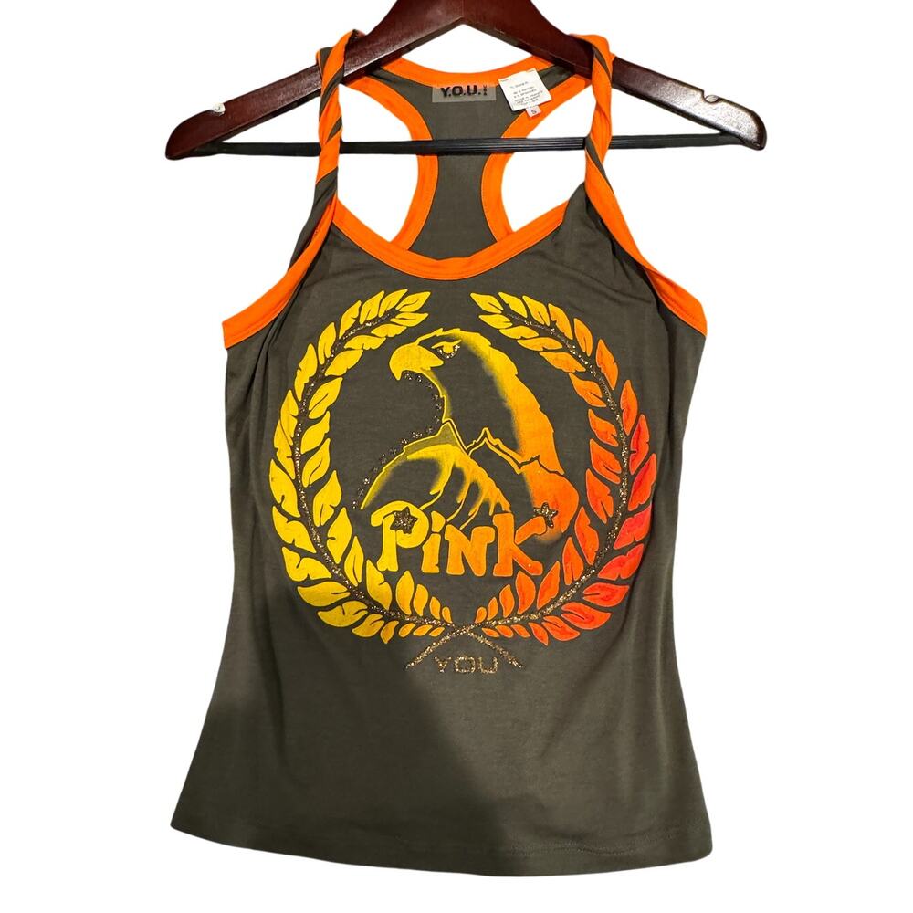 VTG Y2K Green Orange Racerback tank Bald Eagle USA Size Small